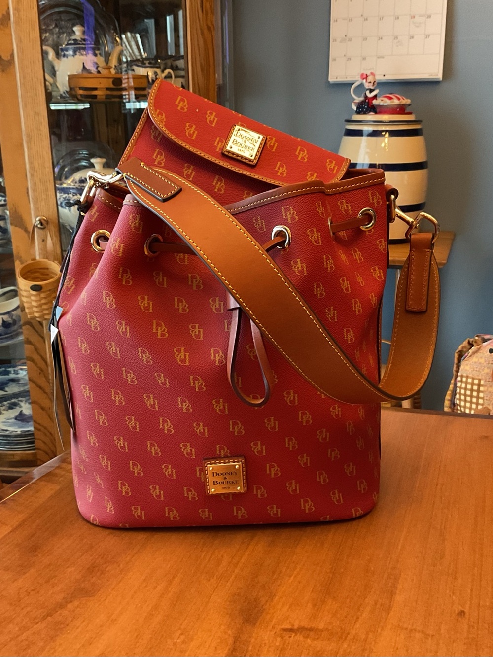 Dooney & Bourke Red Gretta Drawstring Bucket Shoulder Bag with wallet